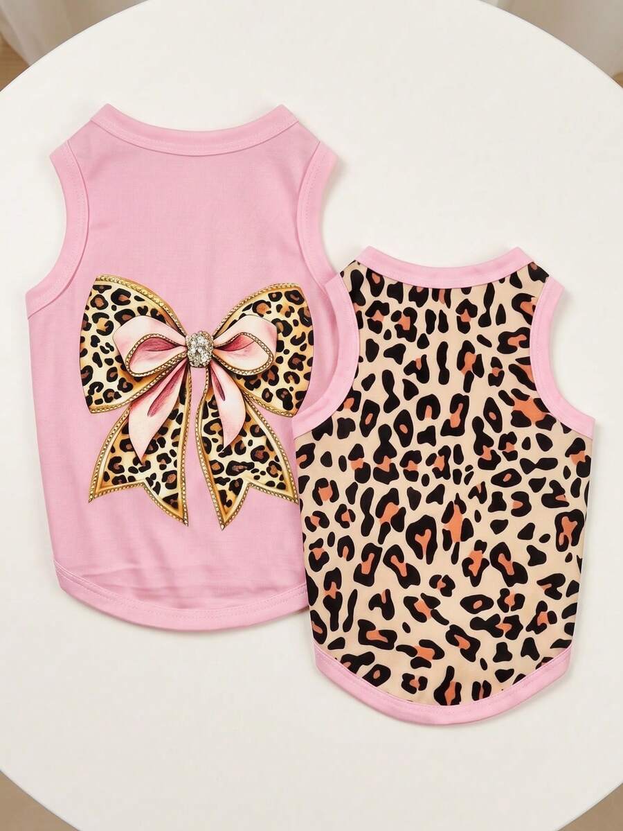 PETSIN 2pcs/Set Leopard Print Elegant Bow Funny Print Pet Vest, Physical Anti-Flea Reduce Shedding Insulation Breathable Dog Vest Suitable For Small & Large Dogs, Indoor & Outdoor - Multicolor - View 1