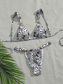 Women's Ocean Element Printed Thick Shoulder Strap Triangle Bag Bikini 2 Pieces Set - Multicolor - View 4