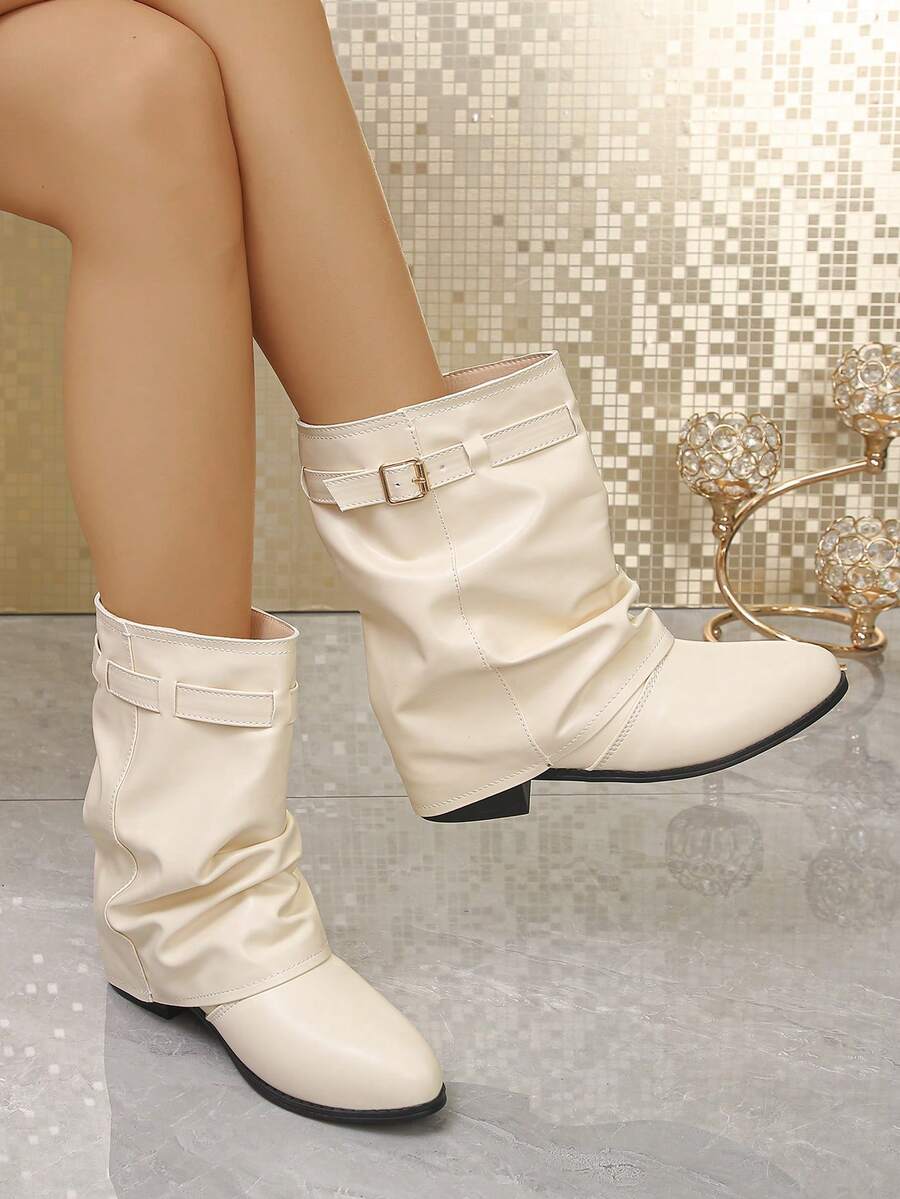 Women's Comfortable Round Toe Pleated Buckle Low Heel Beige Mid-Calf Boots, Motorcycle Style, Autumn/Winter New Daily Wear Boots - Beige - View 1