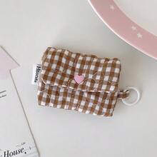 1pc Checkered Quilted Earbud Carrying Bag Multi-Use Small Fabric Pouch With Keychain Ring Girly Earphone Case Cute Mini Storage Bag For Tiny Items - Multicolor - View 13