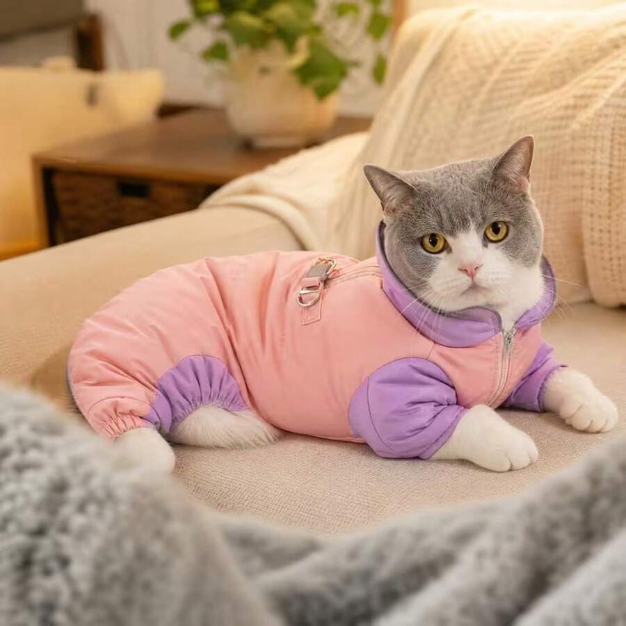 Winter Thickened Warm Padded Coat With Four-Leg Zipper, Winter Pet Warm Jacket, Bichon Teddy Dopamine Style, Suitable For Medium And Small Pets - Pink - View 1