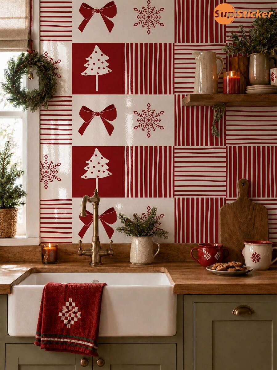 SUPSTICKER Peel And Stick Christmas Kitchen Tile Stickers, Red Plaid Snowflake Pattern Home Decor, 5.91x5.91in, 4Pcs/12Pcs - Christmas - View 1