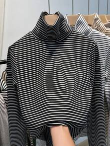 Áo thun nữ cổ cao tay dài kẻ sọc đen trắng, vải polyester co giãn vừa, đồ mặc hằng ngày mùa thu thiết yếu - màu đen - Xem 11