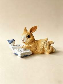 1pc Rabbit Reading Book With Bird Statue, Cute Lying Rabbit Sculpture, Creative Animal Decor, Aesthetic Mini Ornament, Suitable For Home Living Room Bedroom Office Desk Bookshelf Windowsill Decoration, Kawaii Cartoon Style Collectible Gift - Multicolor - View 10