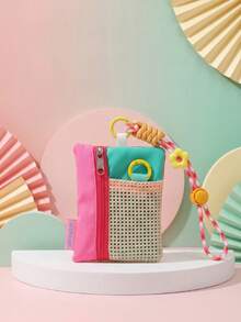 Color Block Mini Coin Purse With Phone Lanyard, Multifunctional Card Holder & Keychain Pendant, Portable Small Square Zipper Storage Bag, Suitable For Coins, Cards, Earphones And Daily Small Items, Cute Bag Charm Accessory,Travel Essential - Multicolor - View 12