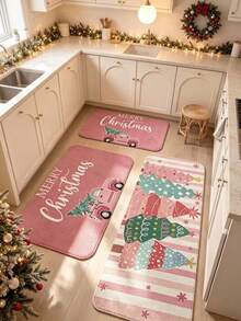 1PC Pink Christmas Bus Christmas Tree Holiday Kitchen Rug, Kitchen Mat, Kitchen Carpet, Door Mat, Small Rug, Carpet, Runner Rug, Floor Mat, Home Decor, Area Rug, Outdoor Mat, Home Decor, Area Carpet, Bedroom Carpet, Washable Carpet - A - View 4