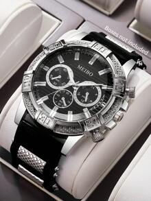 Men's Silicone Watch Classic Fashion Three-Eye Dial Handsome Sports Quartz Wristwatch, Gift For Boyfriend Watch (1pc/Set) Watch Box Not Included - Black - View 1