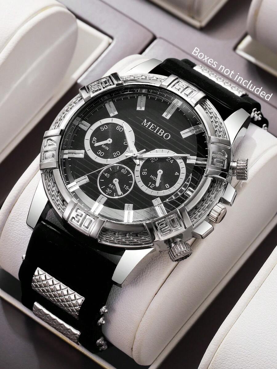Men's Silicone Watch Classic Fashion Three-Eye Dial Handsome Sports Quartz Wristwatch, Gift For Boyfriend Watch (1pc/Set) Watch Box Not Included - Black - View 1