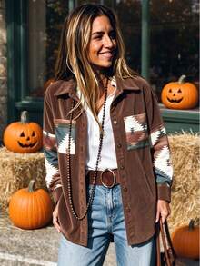 Women's Western Style Brown Corduroy Shacket, Print Patch Pocket Long Sleeve Jacket Suitable For Road Trips - Multicolor - View 2