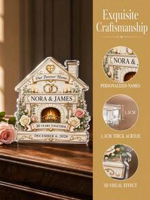 1pc Personalized Custom Text House Fireplace Shaped Plaque,Custom Name Text Anniversary Desk Sign,Wedding Marriage Anniversary Gift,Married Couples - Multicolor - View 6