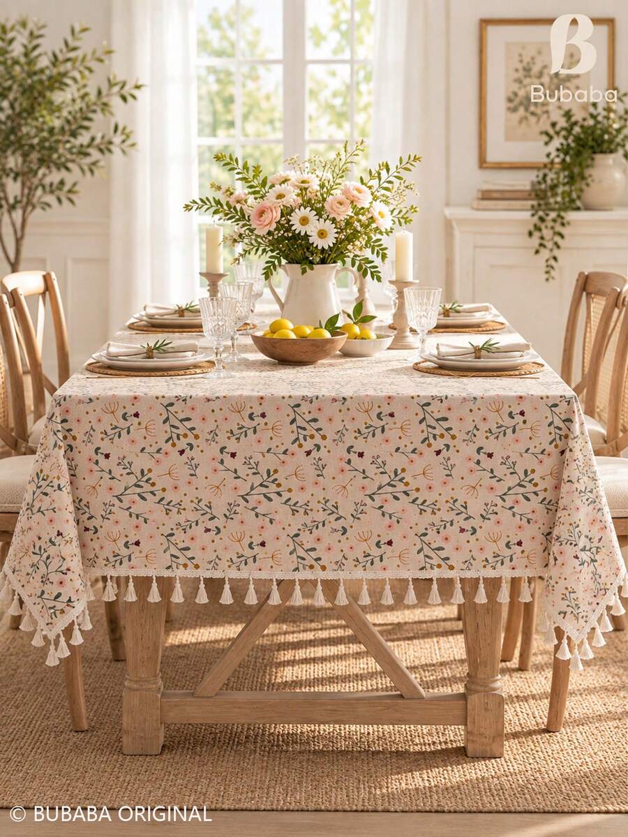 Bubaba Vintage Floral Tassel Tablecloth, Rectangular Tablecloth, Bohemian Farmhouse Style Small Flower Tablecloth With Tassels, Country Style Restaurant And Kitchen Decor - Multicolor - View 1