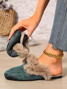 2026 New Women's Fringed Mule Shoes, Green Metallic Jacquard Fabric, Rhinestone Decor Strap, Faux Fur Lining, Warm And Foot-Protecting, Suitable For Home, Daily Casual And Street Wear - Dark Green - View 7