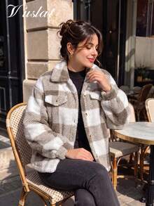 Vuslat Women's Winter Plaid Lapel Single-Breasted Plush Coat For Night Out, Commuting, Party, Campus, Ski Resort, Date - Grey - View 1