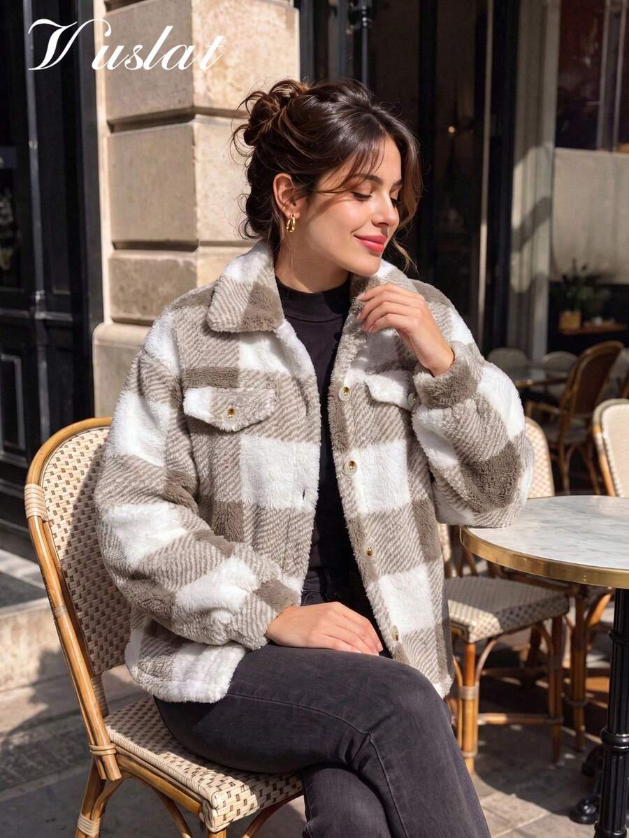 Vuslat Women's Winter Plaid Lapel Single-Breasted Plush Coat For Night Out, Commuting, Party, Campus, Ski Resort, Date - Grey - View 1