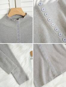Women's Autumn/Winter Long Sleeve High Neck Button-Up Grey Casual Minimalist Cardigan - Grey - View 7