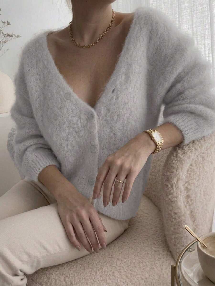 Just Masa Women's Fall Winter Casual Button Up V Neck Fuzzy Sweater Cardigan,Long Sleeve Solid Color Simple Basic Coat,For Daily Wear,Going Out,Social - Light Grey - View 1