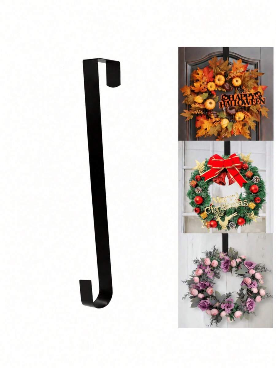 1pc Black Pure Metal Door Wreath Hook, Drill-Free Heavy Duty Front Door Hanging Rack, Reusable Multi-Function Door Hook, Suitable For Christmas, Halloween, Thanksgiving Holiday Home Front Door Decoration Storage Hook, Stable Load-Bearing - Black - View 1