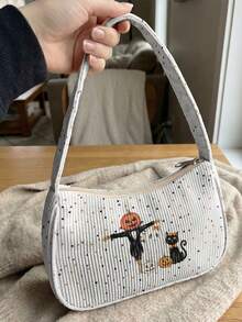 1pc Halloween Theme Print Corduroy Shoulder Bag, Underarm Bag, Large Capacity Storage, Zip Closure Y2K Baguette Handbag For Daily Travel Gift - Multicolor - View 12