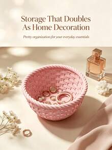 1pc Imitation Woven Round Storage Bowl, Matte Plastic Twisted Rope Rim Desktop Organizer, Decorative Basket For Jewelry Makeup Keys Home Decor - Multicolor - View 3