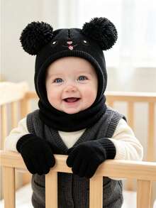 3pcs/Set Cute Rabbit Mouth Print Knitted Hat And Gloves Set With Pom Poms, Baby Winter Warm & Cold-Proof Outfit For Boys And Girls, Christmas/Thanksgiving Gift - Multicolor - View 2