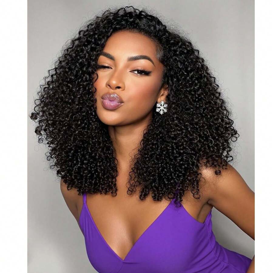 Kinky Curly Half Wig Human Hair Kinky Curly 180 Density Wear And Go Glueless Black Hair Wig 3 In 1 Seamless Flip Over With Drawstring Beginner Friendly Wig For Women