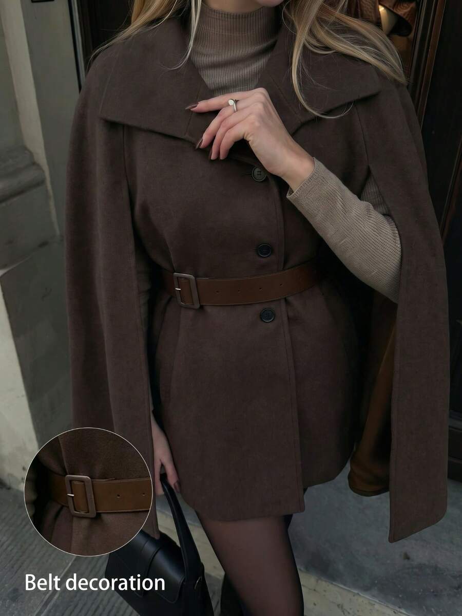 Women's Elegant Brown Cape-Style Short Jacket, Wide Lapel, Front Button Closure, Waist Tie, Cropped Jacket - Coffee Brown - View 1