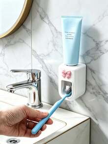 Bathroom Wall-Mounted Automatic Toothpaste Dispenser, Toothpaste Holder, Dispenser, Toothpaste Storage Rack, Wall-Mounted Automatic Toothpaste Squeezer, Elegant Bowknot Decoration, Suitable For Home, No-Drill Installation, Detachable And Replaceable Toothpaste Tube Holder, Hygienic Operation, Suitable For Bathroom, No Drilling Required, Commercial Use Also Applicable - Multicolor - View 2