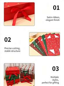 1 hộp quà Giáng Sinh kèm nơ ruy băng satin, hộp đựng quà Noel bằng bìa cứng dày gia cố, nhiều họa tiết và kích cỡ lễ hội, bao bì quà tặng cho quà Giáng Sinh - Nhiều màu - Xem 8