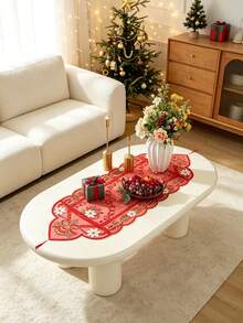 1pc 100% Polyester Red Sheer Embroidery Christmas Table Runner, Bell & Poinsettia Pattern Tassel Table Scarf, Holiday Dining Table Decor For Xmas Party Home Decoration - Red - View 2