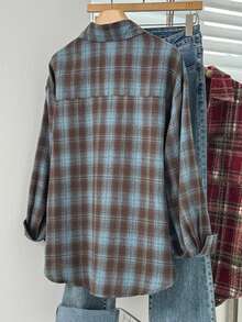 Plus Size Women's Brown & Blue Plaid Shirt Collar Long Sleeve Button Front Drop Shoulder Top (With Pockets, Suitable For Autumn) - Blue - View 5