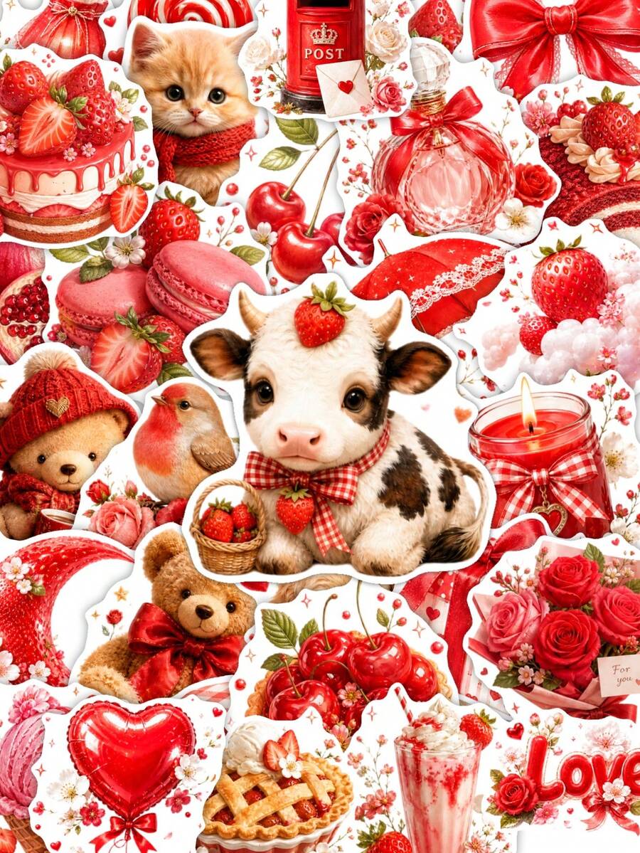 50Pcs Aesthetic Strawberry Stickers, Cute Strawberry Cow, Love Letter & Ribbon Decals, PVC Waterproof Self-Adhesive Stickers For Notebook, Phone Case & Gift Box Decor,Valentine's Day Stickers - Multicolor - View 1