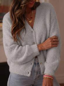 Just Masa Women's Fall Winter Casual Button Up V Neck Fuzzy Sweater Cardigan,Long Sleeve Solid Color Simple Basic Coat,For Daily Wear,Going Out,Social - Light Grey - View 5