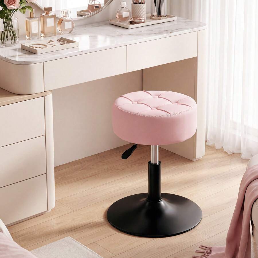 Adjustable Height Swivel Vanity Chair For Makeup - PU Leather Padded Stool With 360° Rotation - Pink - View 1