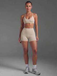 Women's Casual Sports High Waist Solid Color Tight Basic Shorts, Butt Lifting Elastic Tight Pants, Summer Style - Beige - View 1