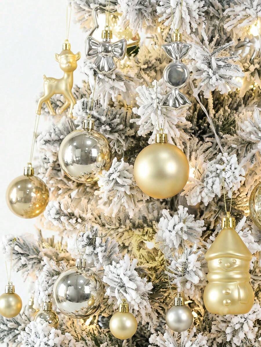 Christmas Tree Ornament Ball Set, Gold Holiday Decoration, Shatterproof Plastic Material, With Gold Hanging String. Large Christmas Balls - A - View 1
