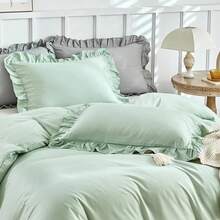 2/3pcs French Ruffle Solid Color Duvet Cover Set, Romantic Bedding, With Ruffle Trim Decoration And Zipper Closure, Soft Microfiber, Suitable For Bedroom/Dorm, Perfect Valentine's Day Gift For Women/Teenagers - Red Bean Paste Green - View 5