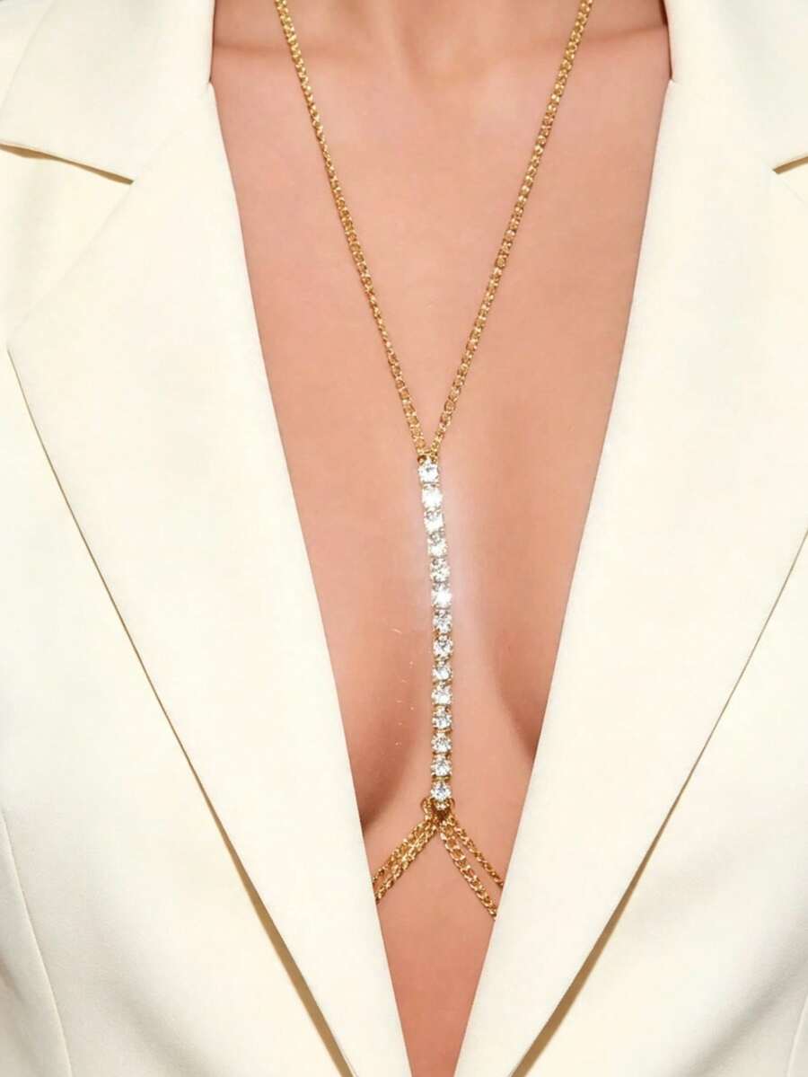 1pc Fashion Sexy Rhinestone Beach Bikini Halter Neck Waist Chain Body Chain, Suitable For Party, Gathering, Summer Beach Vacation, Daily Accessory, Holiday Gift - Gold - View 1