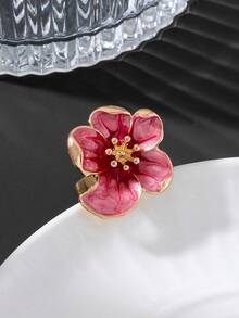 1件女款清新溫柔琺瑯粉色3D花蕊五瓣戒指，適合日常穿戴、約會與度假 - 粉色 - 查看 3