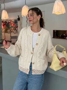 Cable Knit Button Front Cardigan, Round Neck, Long Sleeves, Soft Beige Sweater Cardigan For Women, Elegant Cozy Fall Everyday Layering Top - Apricot - View 4