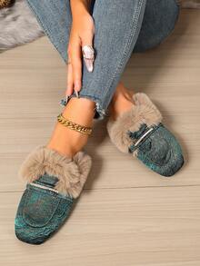 2026 New Women's Fringed Mule Shoes, Green Metallic Jacquard Fabric, Rhinestone Decor Strap, Faux Fur Lining, Warm And Foot-Protecting, Suitable For Home, Daily Casual And Street Wear - Dark Green - View 3