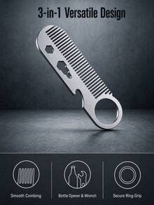 Metal Beard Comb | 304 Stainless Steel Pocket Comb, Suitable For Men's Beard Grooming, Hairstyle Styling And Beard Care | Portable Men's EDC Accessory, Multi-Functional Tool With Bottle Opener Function - Multicolor - View 4