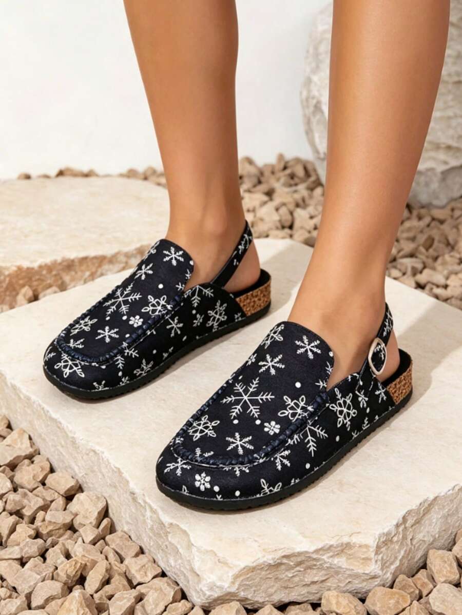 Women's Shoes Cork Raised Thick-Soled Slippers Flat-Soled Half Slippers Japanese Mules Shoes Snowflake Pattern Fashion Slippers - Navy Blue - View 1