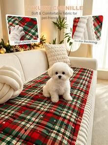 1PC Christmas Plaid Chenille Sofa Cushion Cover, Festive Holiday Check Pattern Couch Slipcover For Living Room Home Decor, Non-Slip Backing, Pet Friendly, Machine Washable For 1/2/3/4 Seater Sofa - Multicolor - View 1