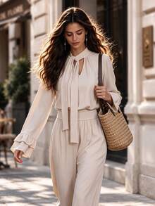 Fall Vintage Apricot Tie Neck Blouse, Elegant Cutout Ruffle Long Sleeve Shirt, Flowy Elegant Top For Fall Winter - Apricot - View 1