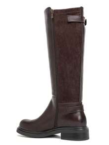 Round Toe Knee High Riding Boots For Women Double Buckle Side Zip Comfortable Low Block Heel Long Boots - Brown - View 4