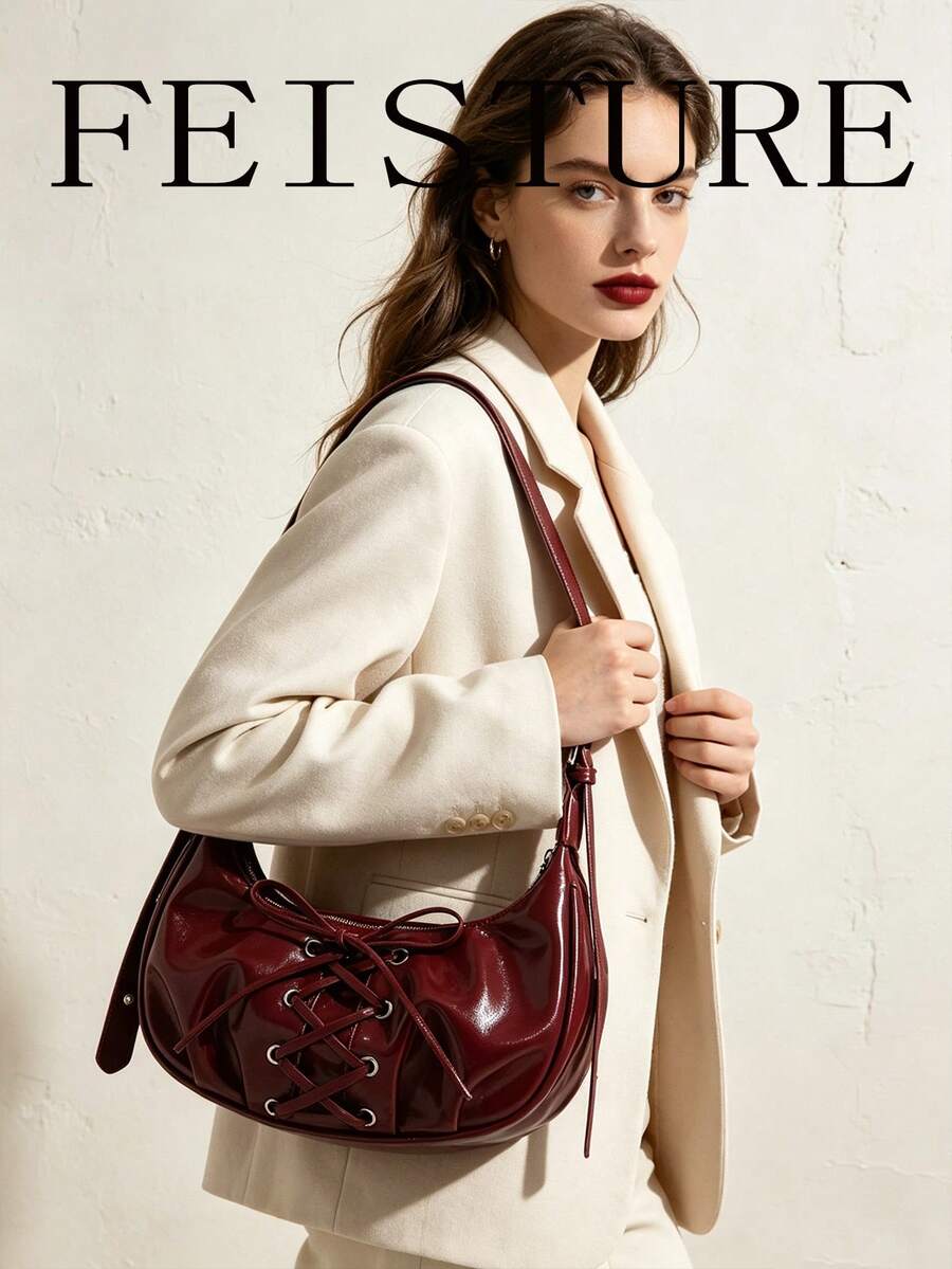 1pc FEISTURE Solid Color PU Bowknot Crescent Moon Shoulder Bag With Adjustable Strap, Suitable For Girls, Women, College Students, Office Ladies And Professionals, Great For Work, Business, Commute, School