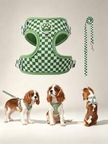Spring New Plaid Pattern Dog Harness And Leash Set, Made Of Soft Breathable Mesh Fabric, Featuring Round Ring On Back For Stability, Anti-Friction Design, Adjustable Size, Suitable For Small Dogs - Fashionable And Comfortable, Ideal For Daily Walking And Training. Matching Leash Has Waste Bag Holder. - Green - View 2