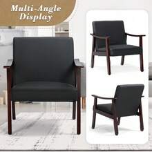 Sillón tapizado de piel sintética estilo mediados de siglo con brazos y patas de madera maciza, silla de lectura cómoda para sala de estar, dormitorio y oficina, silla de acento moderna para adultos - Negro - Ver 4