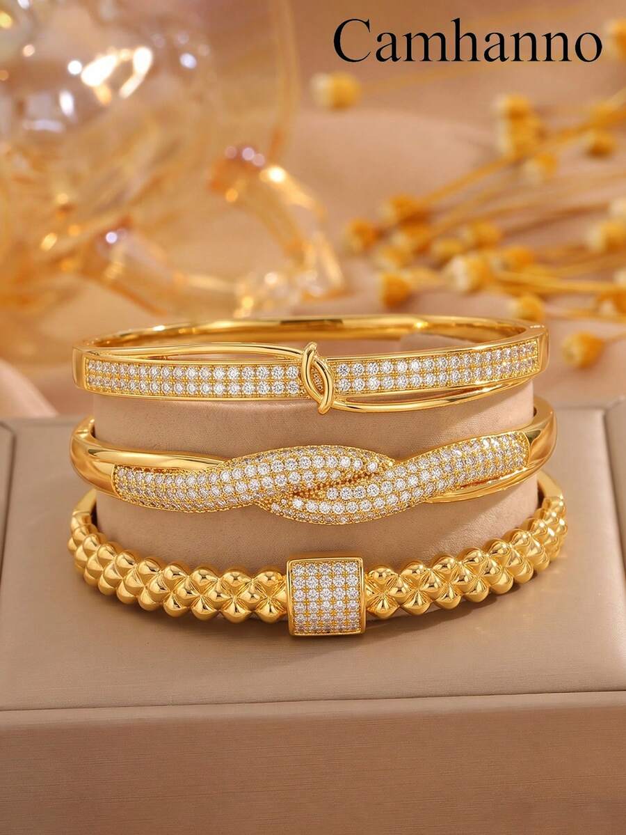 Camhanno 3/1pc Copper Material, Gold Inlaid Diamond Bracelet, Women's Light Luxury Bamboo Knot Twisted Pattern Design, High-End Feeling, Layered Bracelet - Gold - View 1