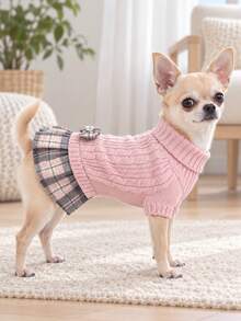 1pc Small Dog Sweater Dress, Warm High Neck Soft Knitted Clothing For Winter, Cute For Poodle, Yorkshire Terrier, Chihuahua - Pink - View 6